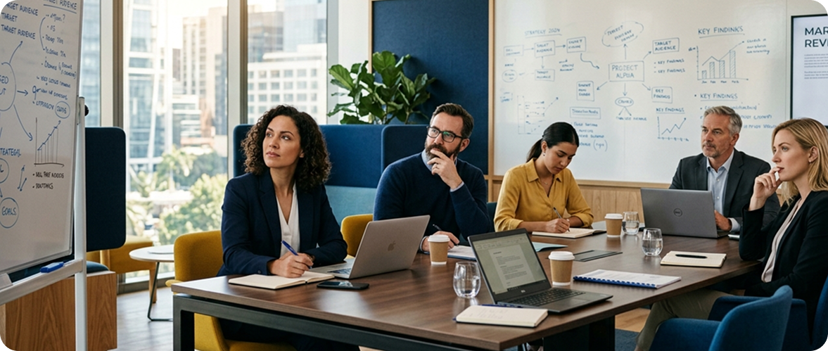 Équipe en réunion stratégique dans une salle de réunion moderne, analysant un tableau rempli de schémas et notes lors d’un atelier de brainstorming
