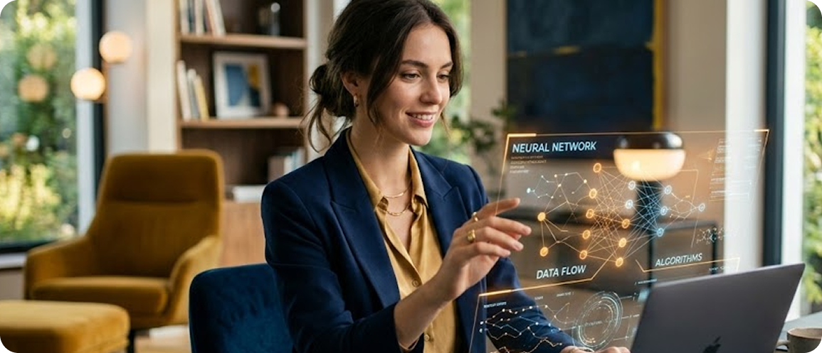 Consultante travaillant sur une interface numérique affichant des données d’intelligence artificielle et de data flow dans un environnement de bureau moderne.