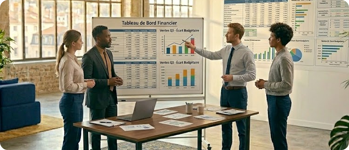 Équipe en réunion analysant un tableau de bord financier avec graphiques de ventes et écarts budgétaires dans une salle de réunion moderne